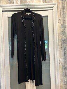 Max Studio Black Longline Open Cardigan with Contrast Stitching